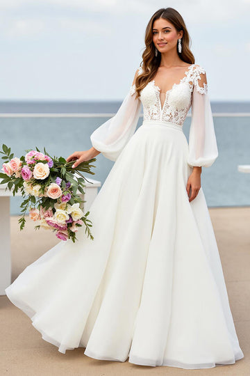 Ivory A Line Long Sleeve Wedding Dress with Appliques